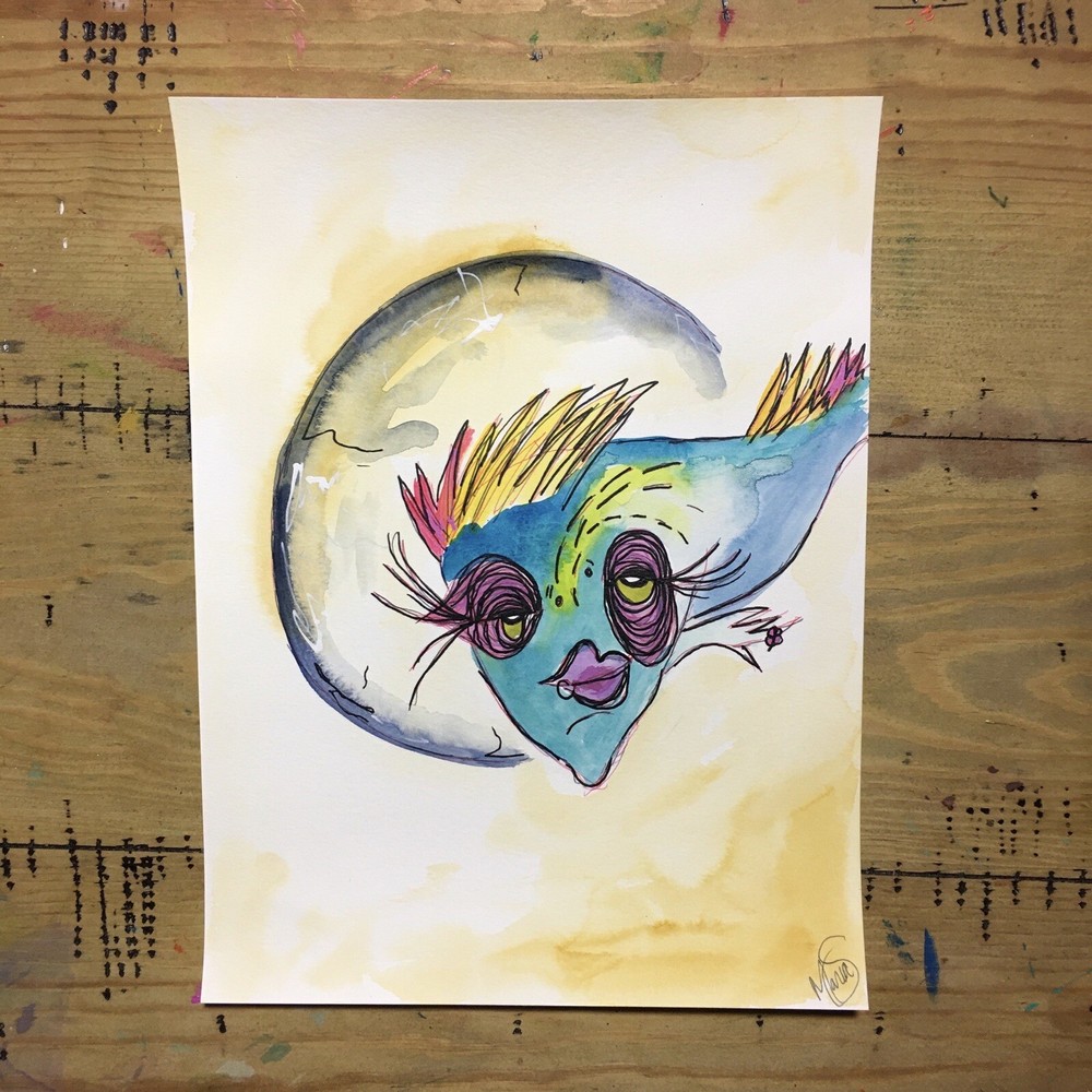 Maria Scalf Portrait Fish Abstract Street Graffiti  Modern Watercolor Art 9x12