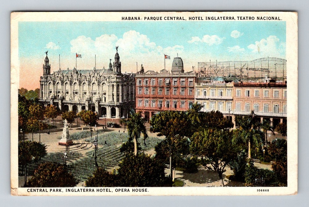 Cuba- Havana Central Park Inglaterra Hotel Opera House Vintage c1953 Postcard