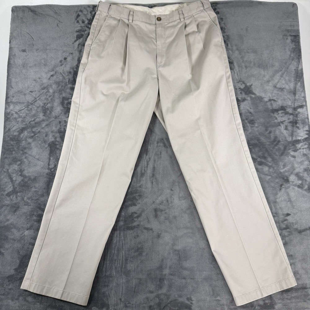 L.L. Bean Comfort Waist Double Pleated Straight Men's Beige Cotton  Pants 38x34