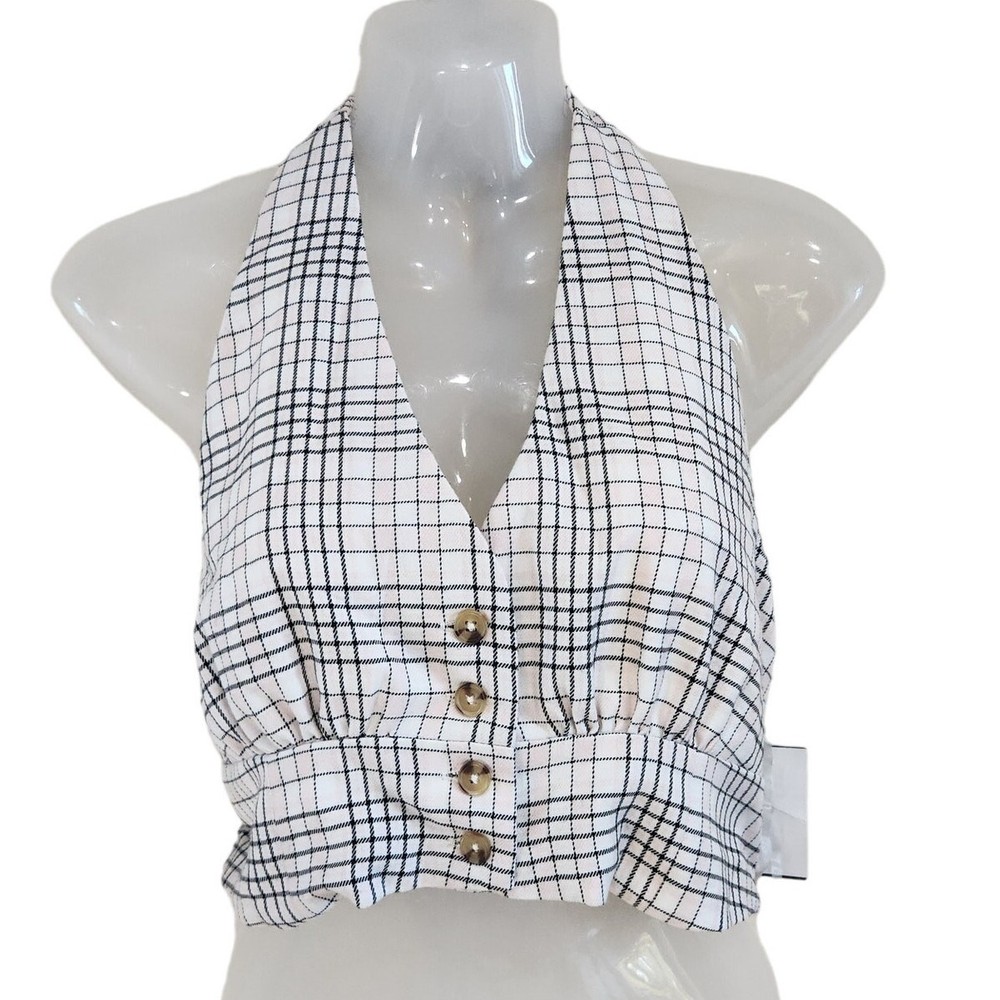 Aeropostale Plaid Cropped Halter Vest Button Front Smocked Open Back Grey Medium