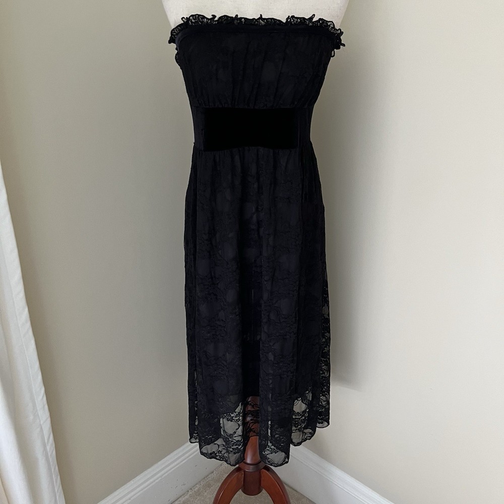 VTG Floral Mesh Strapless Dress Sz L Black Milkmaid Whimsigoth Dark Romantic Y2K