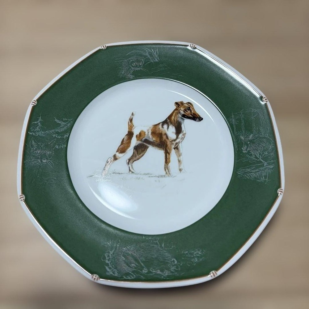 Hermès Chasse Dog Plate Octagonal Green Porcelain Used Collectible