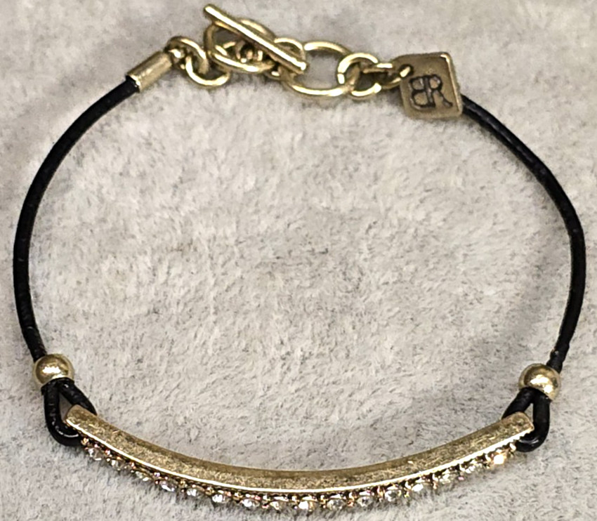 Banana Republic Gold Tone Toggle Bracelet Rhinestone Bar Black Leather