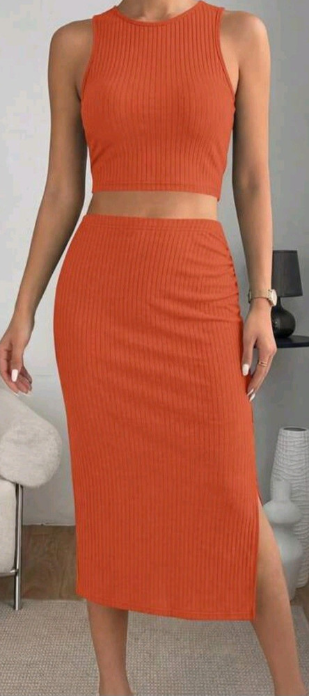 Women’s Orange Ribbed Knit 2-Piece Tank & Midi Skirt Set Stretch Slim Fit