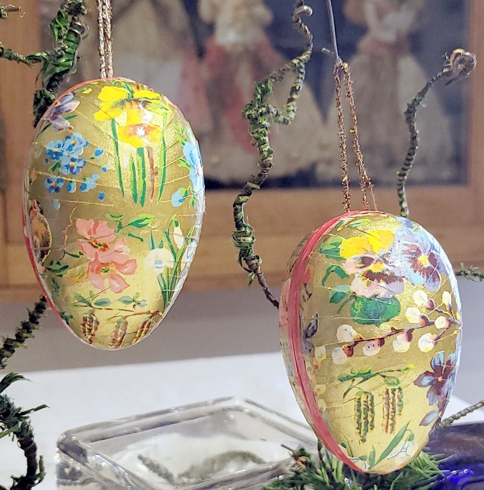 Two papier-mache Easter Egg Ornaments. Spring Flower Themed. Western Germany.