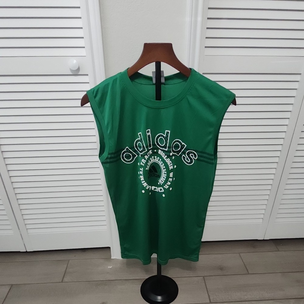 adidas Men's Green Graphic Print Logo Mesh Polyester Crew Neck Sleeveless L