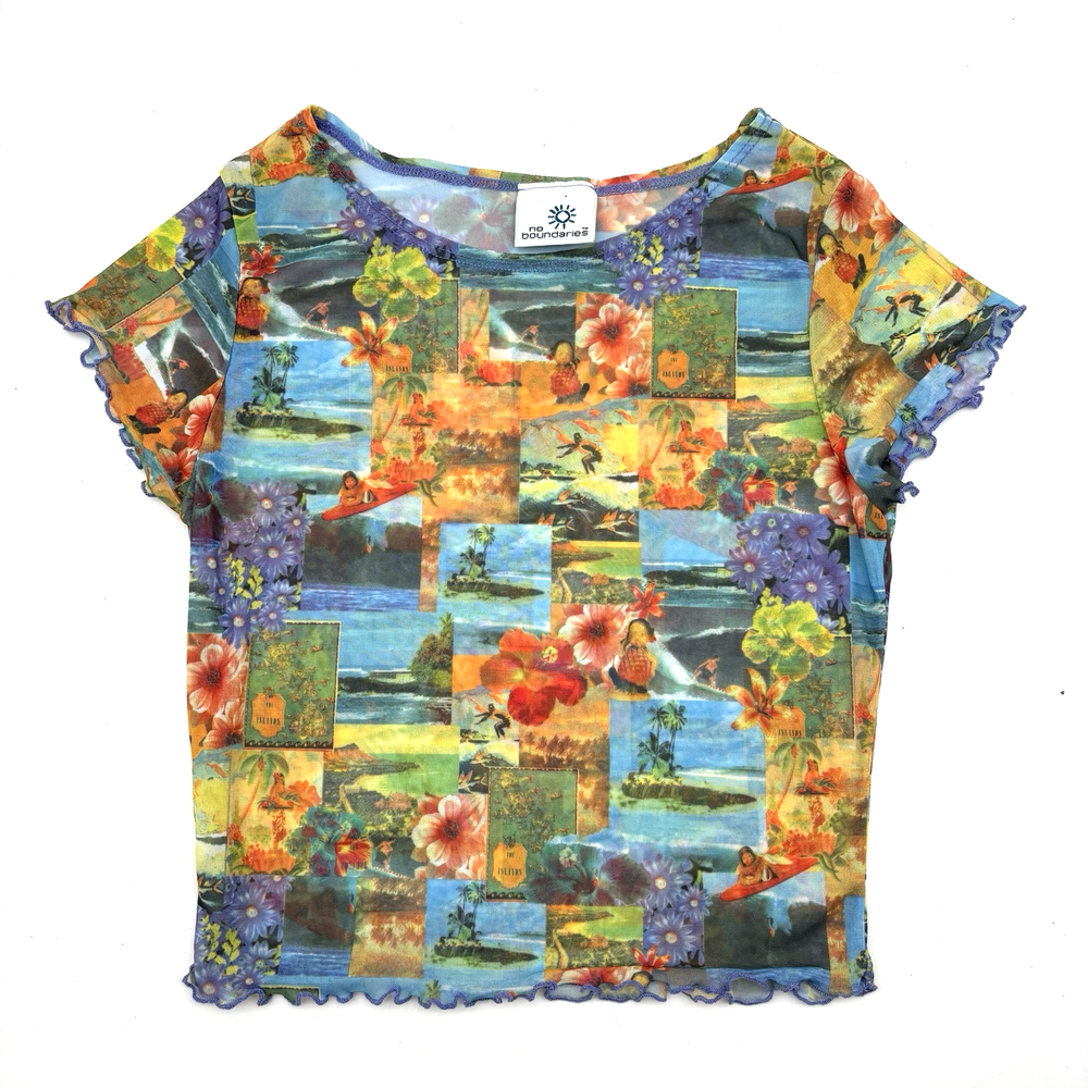 Vintage 90s No Boundaries Hawaiian Collage Ruffle Hem Cropped Mesh Top Jr XS
