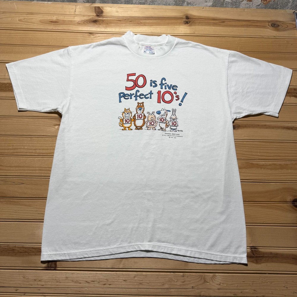 Vintage 90s Shoebox Greetings Hallmark 50 is 5 Perfect 10's Cartoon Shirt USA XL