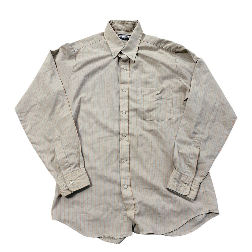 Vintage Esquire Shirt Mens Size M Medium Beige Striped Long Sleeve Button Up 80s