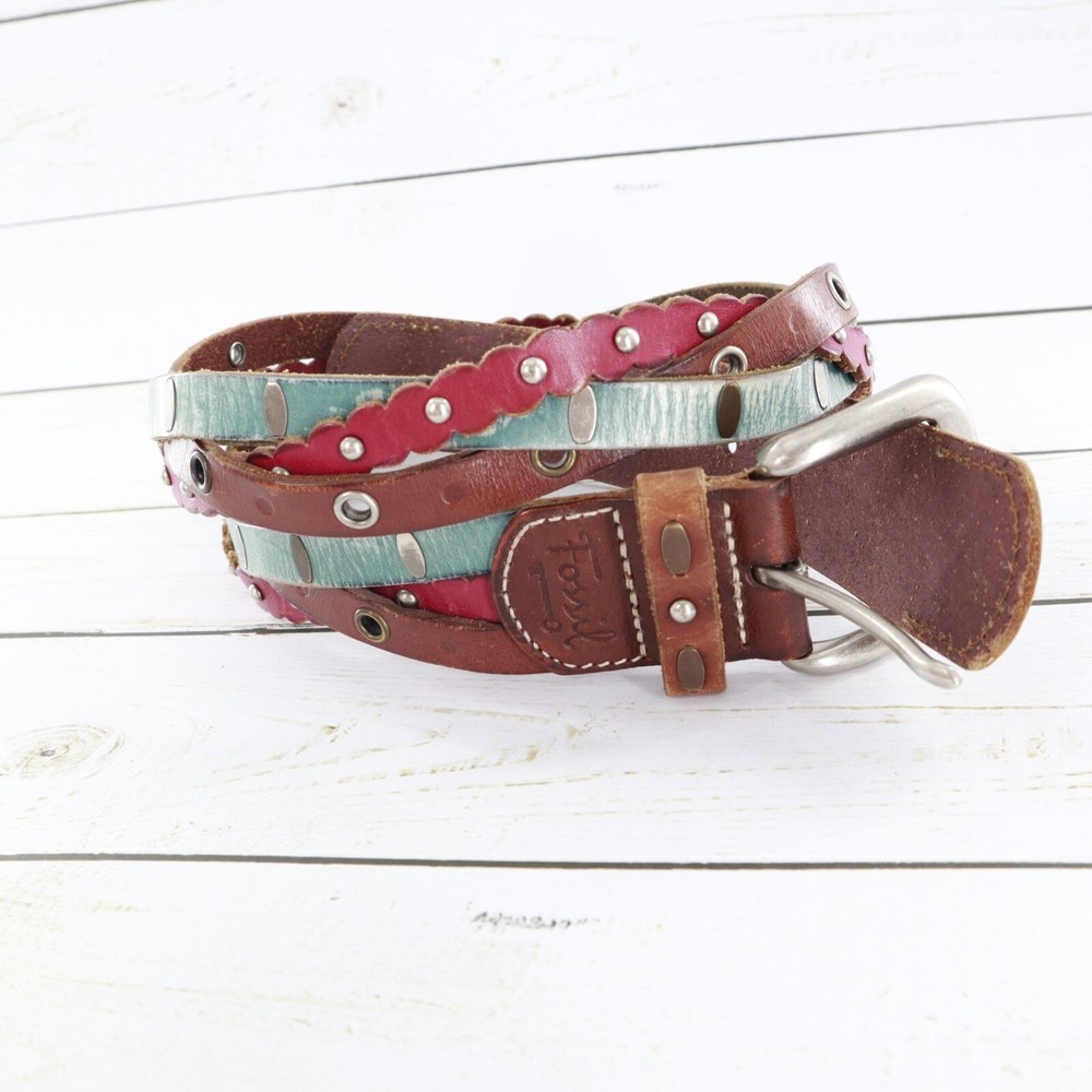Fossil Braided Studded Leather Belt Womens 32 Colorful Boho Western Eclectic