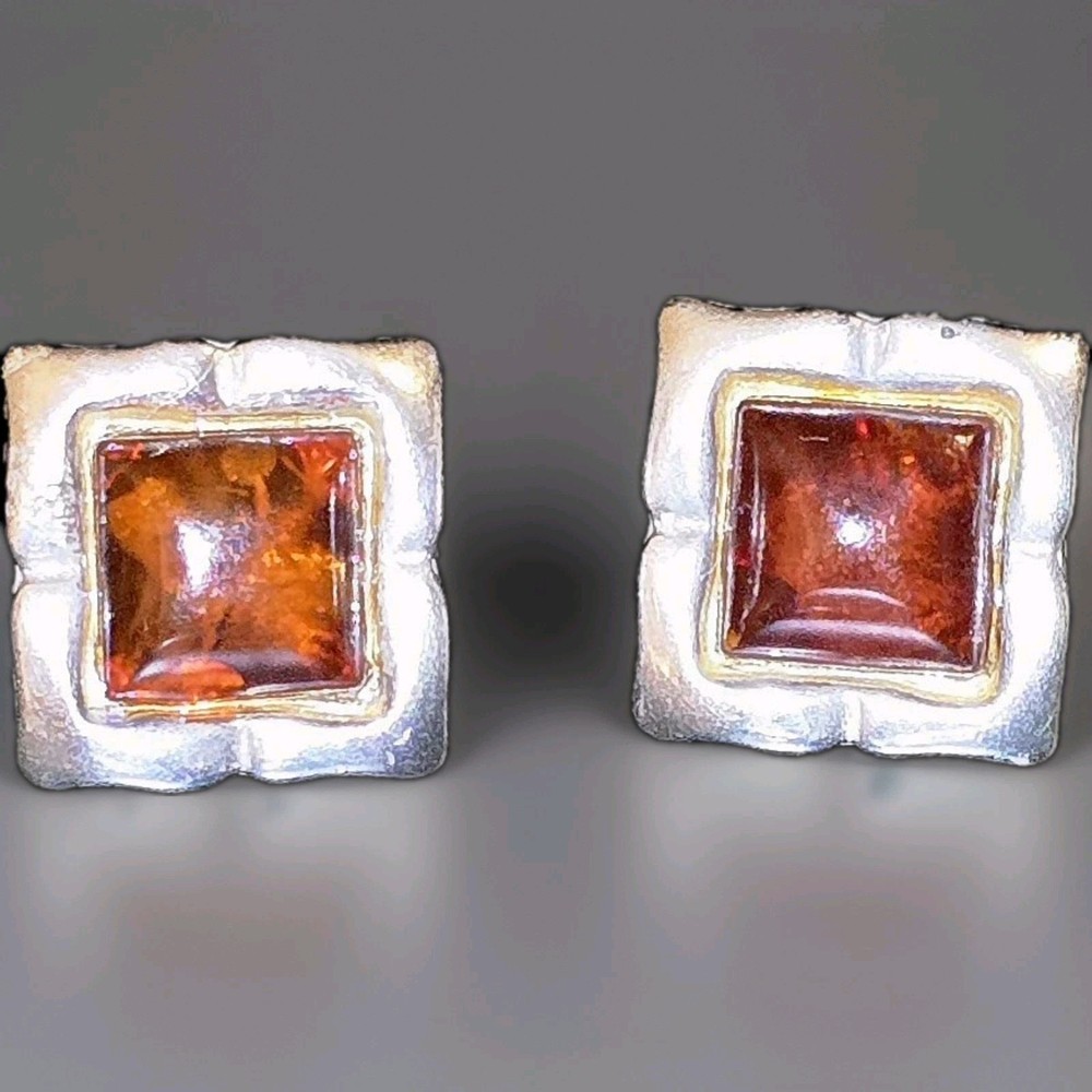 AUTHENTIC BALTIC AMBER VINTAGE ESTATE STERLING SILVER marked STUD Earrings