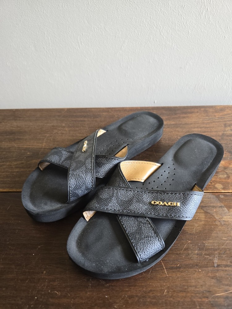 Women's Coach Janie Criss-cross Strap Black/Gray Foam Slip-on Sandals Size 6.5B