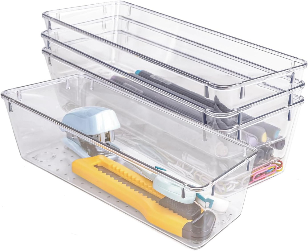 4 PCS Clear Plastic Drawer Organizer, Desk Drawer Divider Organizers and Stor...