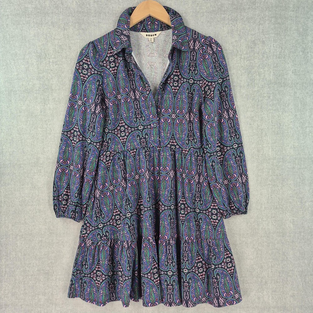 Boden Dress Womens 6P Multicolor Paisley Collared Shirt Swing Boho Tiered Mini