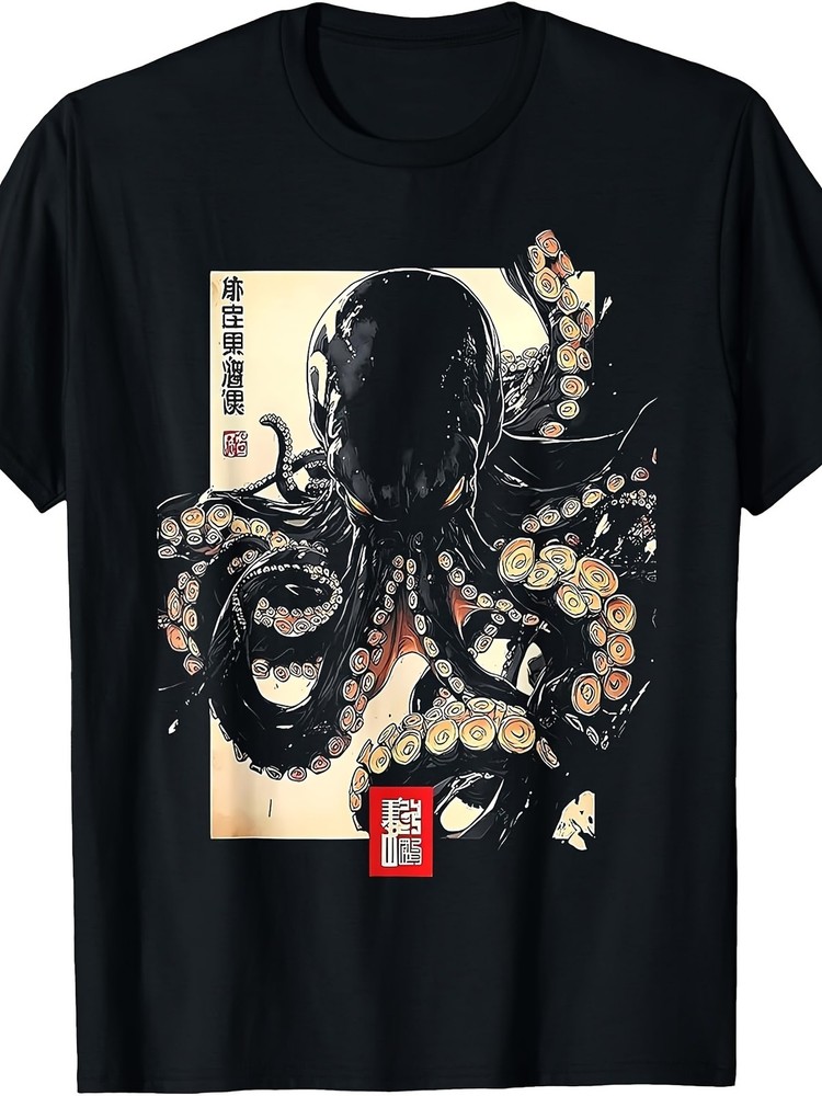 Dark Octopus Japanese Art Graphic T-Shirt Retro Ocean Streetwear Casual Tee