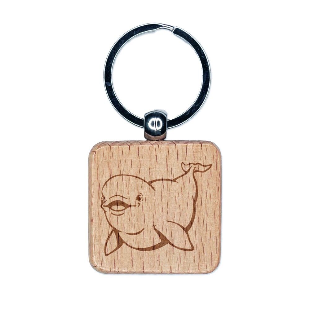 Smiling Beluga Whale Wood Keychain Charm Engraved Square Tag  