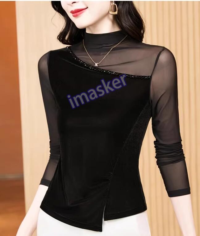 Fashion Women's Velvet High Neck Mesh Long Sleeve Top Irregular Design Blouse