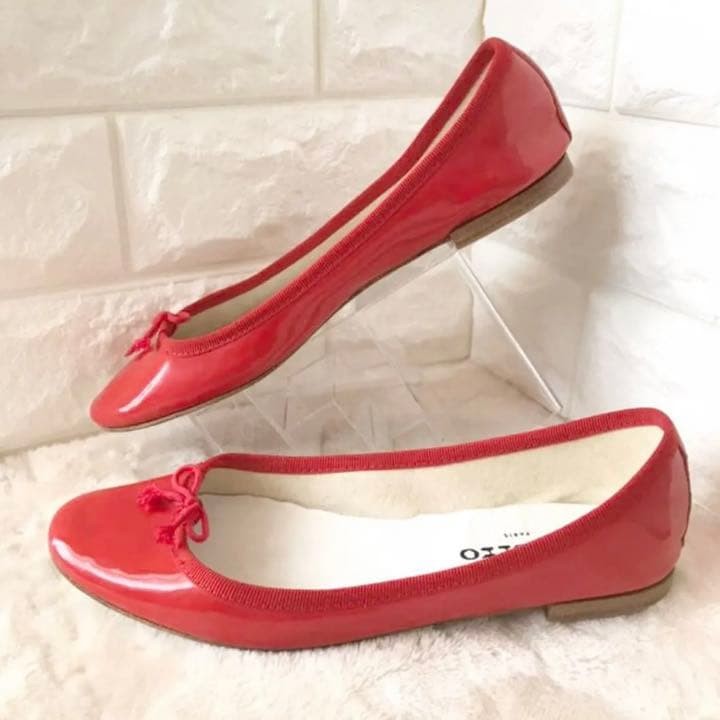 Rare Repetto Red Patent Ballet Shoes Women's US 6.5 EU 36.5 Ribbon Bow Flats
