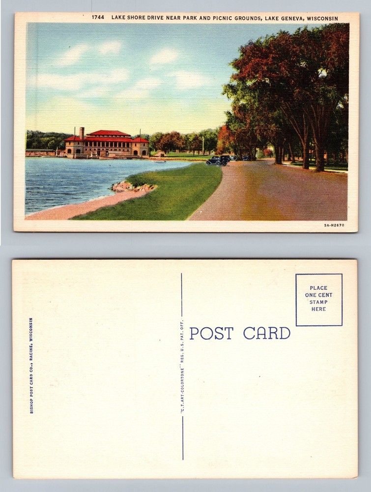 Lake Geneva, WI-Wisconsin, Lake Shore Drive Scene Old PC Vintage Postcard