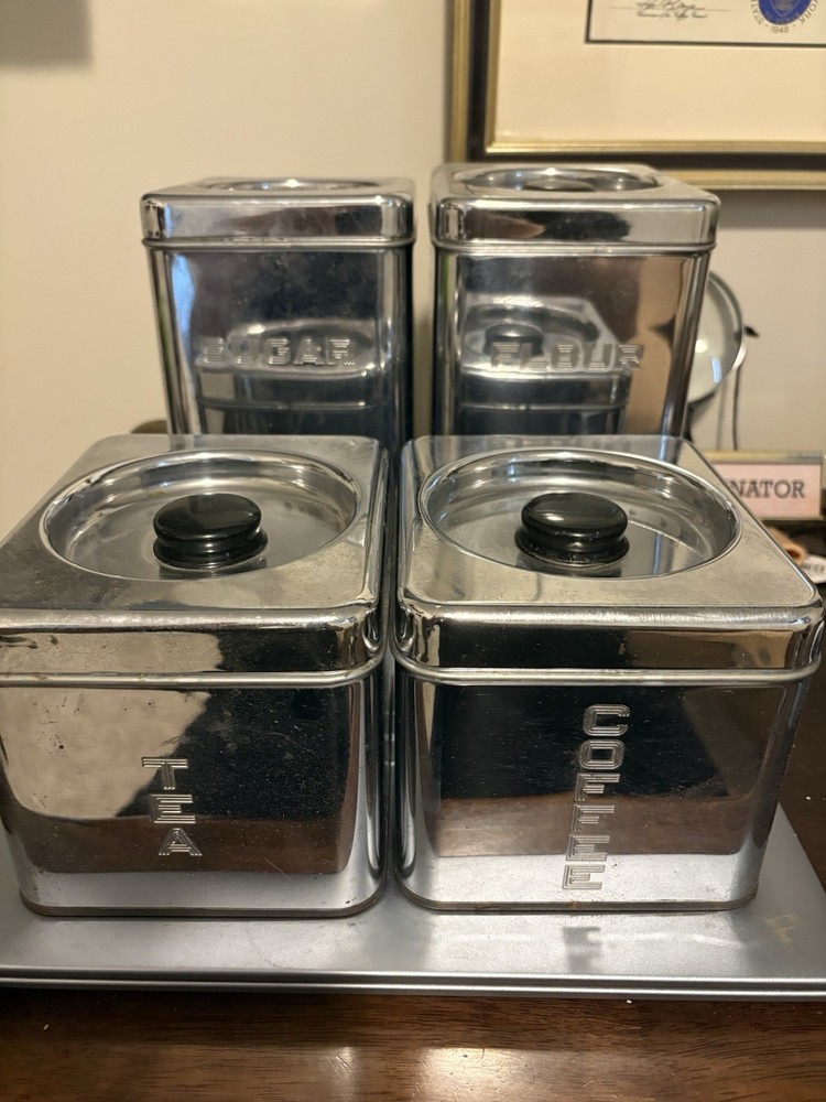 Vintage Lincoln BeautyWare Chrome Canister Set of 4 Sugar Flour Coffee Tea 1950s