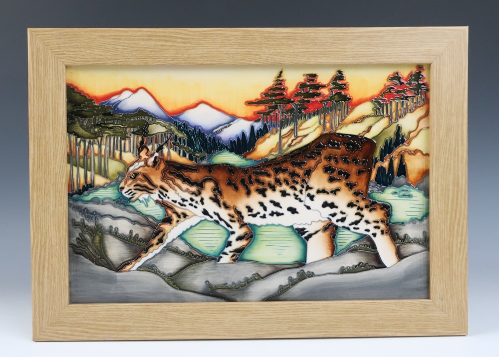 Moorcroft Pottery Lynx Plaque Framed Arts & Crafts Tile England Animal Cat