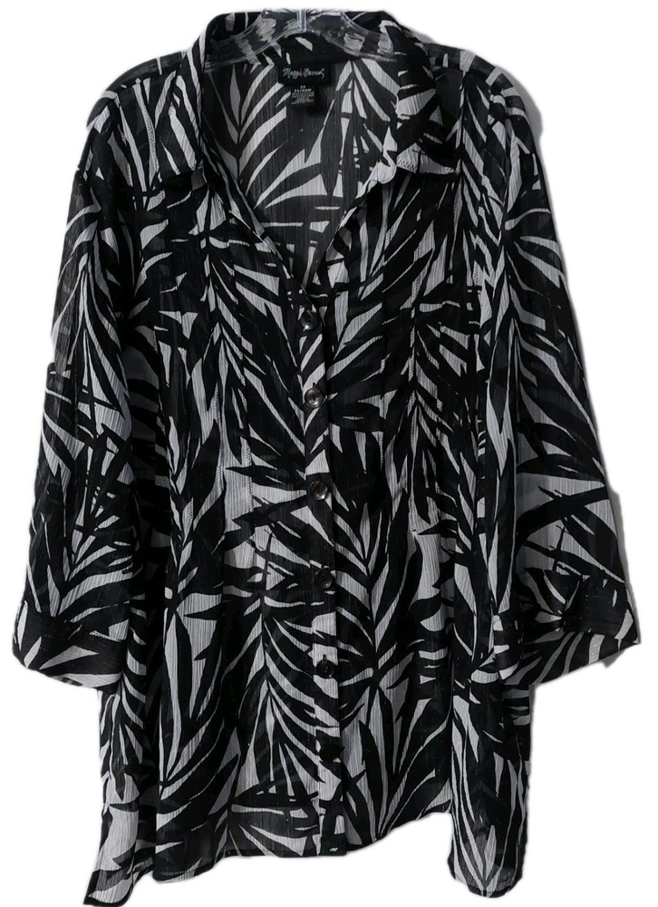 Maggie Barnes Shirt Button Down Blouse Size 3X 26/29W Semi Sheer Leaf Pattern