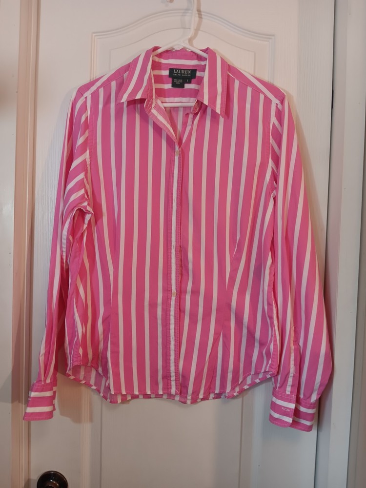 Lauren Ralph Lauren Women's Pink Striped Long Sleeve, Button Down, Large