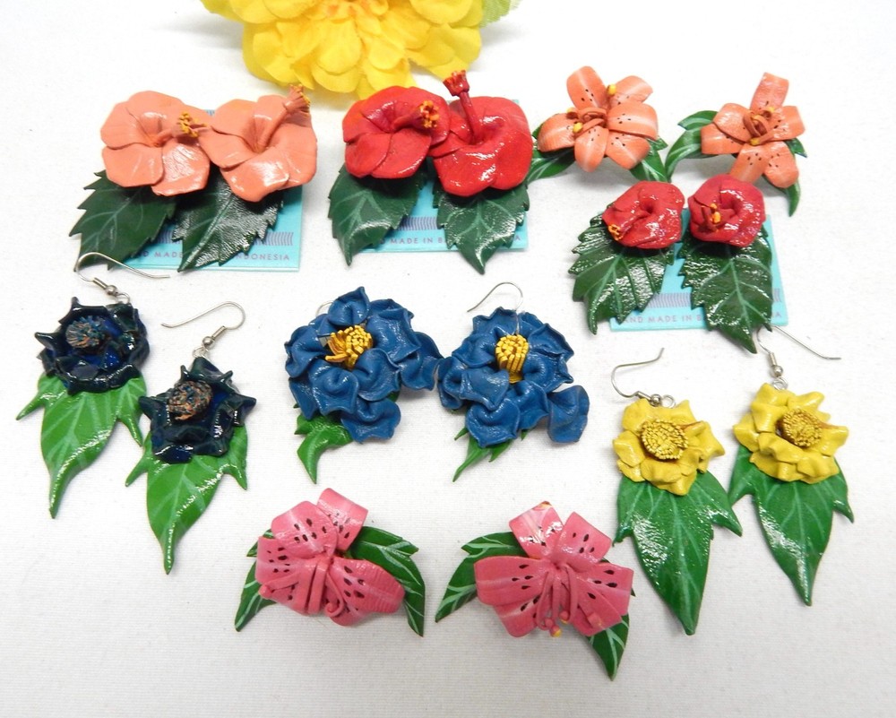 Vintage Enameled Leather Flower Earring Lot, New Old Stock, Made In Bali
