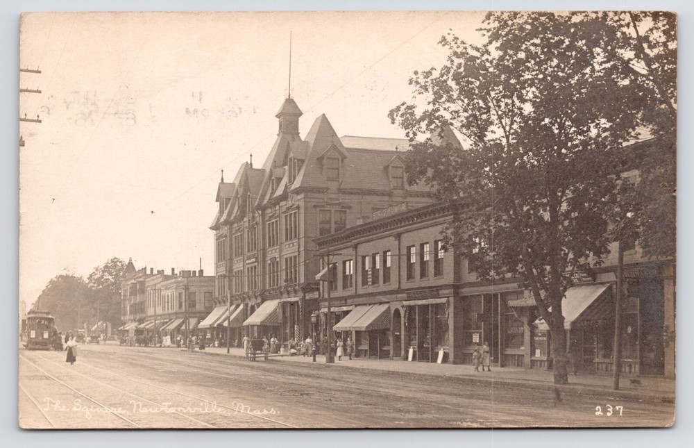 Square Downtown Main Street Newtonville Massachusetts MA c1910 RPPC Postcard