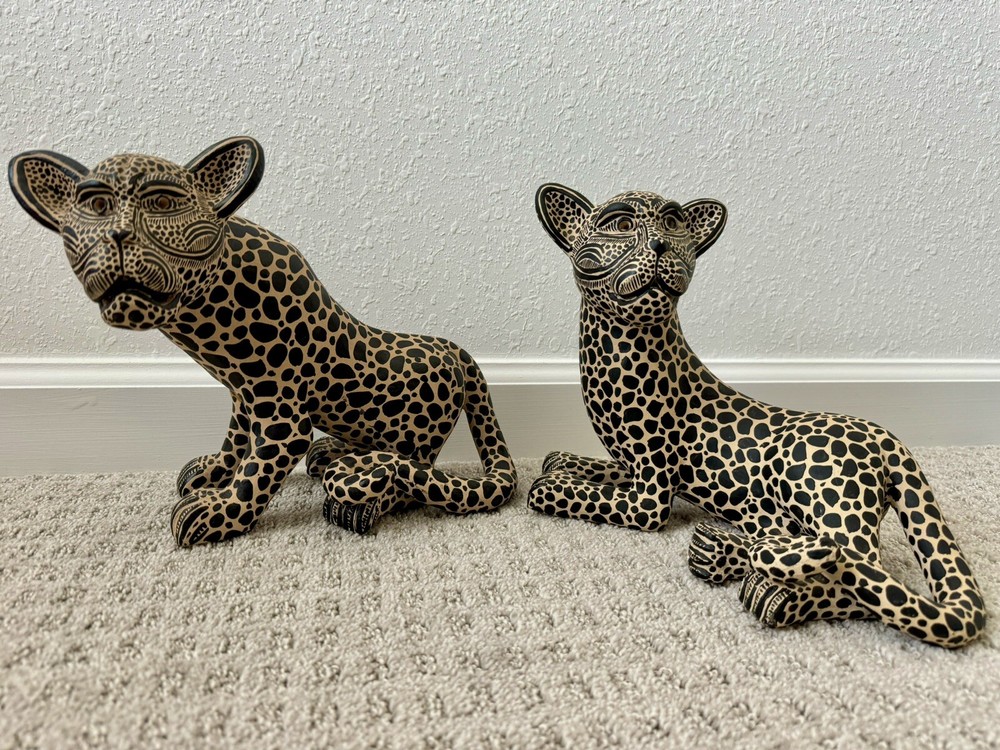 Handcrafted Chiapas Jaguar Sculpture Set Mexican Clay Pottery Folk Art