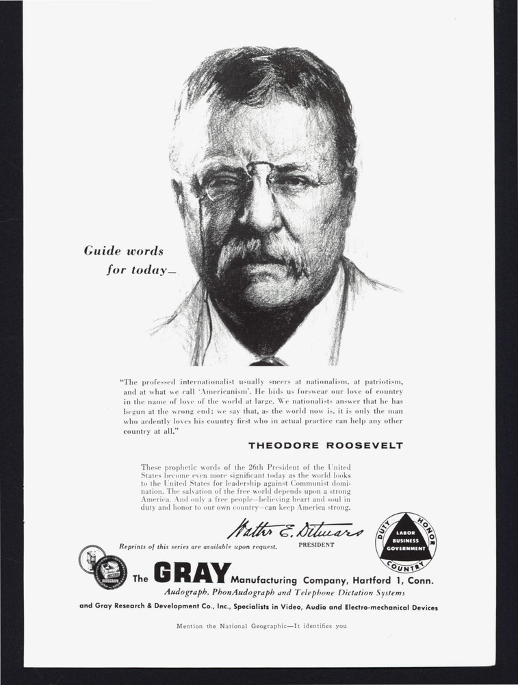 1956 Theodore Roosevelt Gray Manufacturing Company Vintage Print Ad