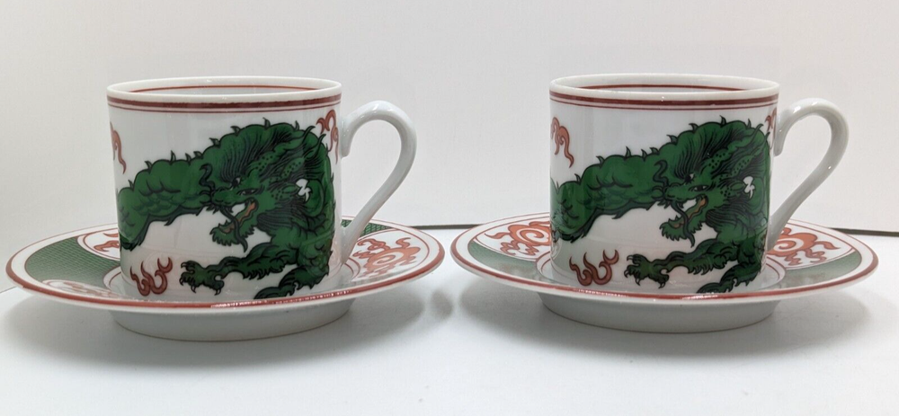 Rare Horchow Collection Set of 2 Demitasse Cups & Saucers Green Dragon Crest