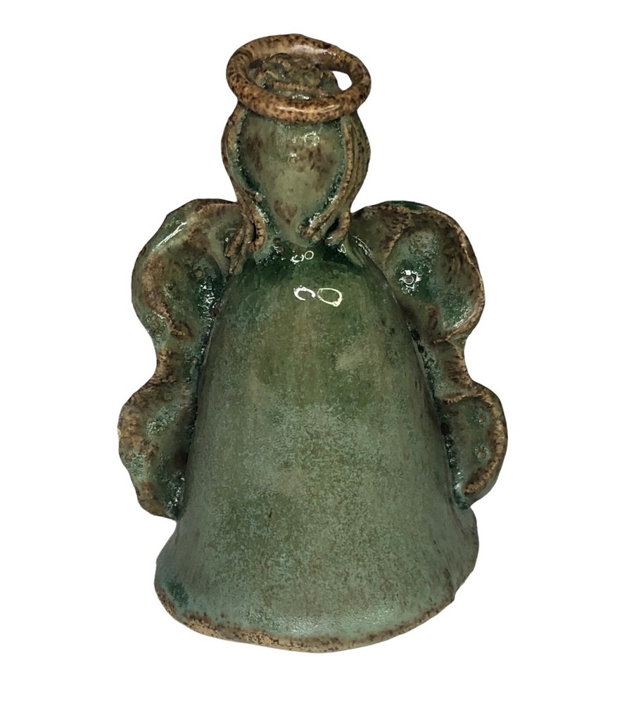 Studio Art Pottery Angel With Halo Figurine Statue Abstract  Green Signed-image