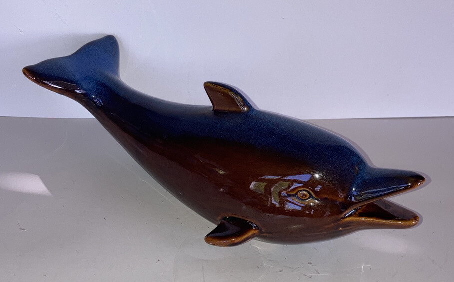 Vintage ART DECO GLAZED BLUE AND BROWN CERAMIC DOLPHINS POTTERY