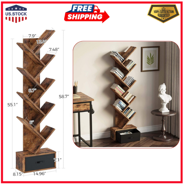 Bookshelf with Drawer, 9 Shelf Tree Bookshelf, Wooden Bookshelves Storage Rac...