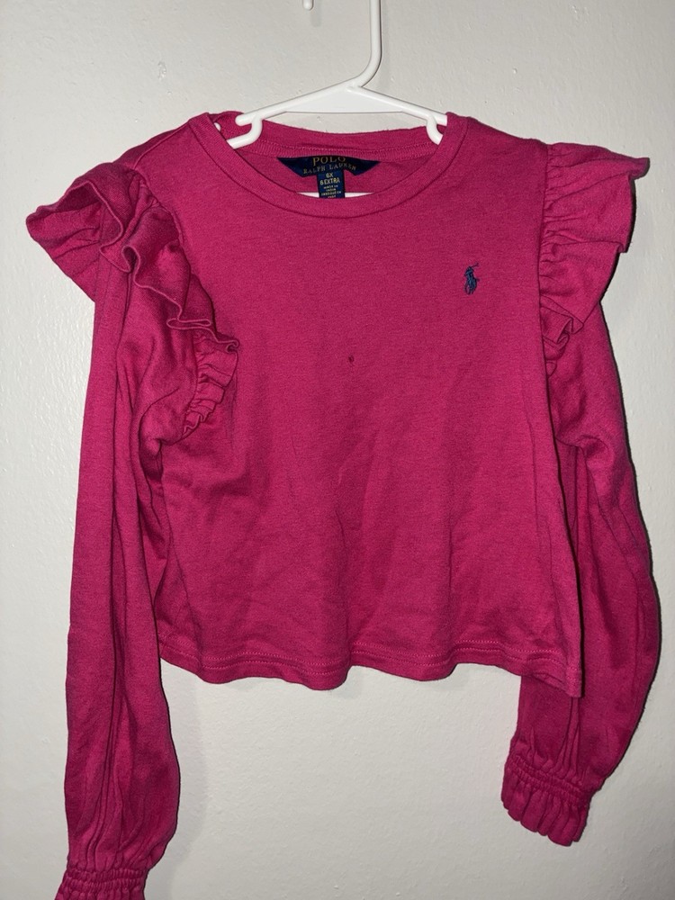 Polo Ralph Lauren Girls Pink Ruffle Logo Long Sleeve Pullover T-Shirt Size 6X