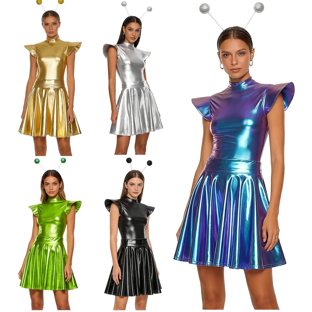 Womens Space Alien Cosplay Costume Metallic Shiny Bodysuit with Skirt Hair Hoop