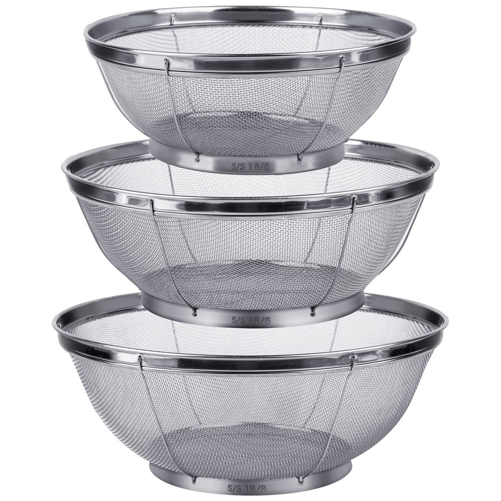 3 Pack Strainers for Kitchen, 18/8 Stainless Steel Colander, Fine Mesh Strain...
