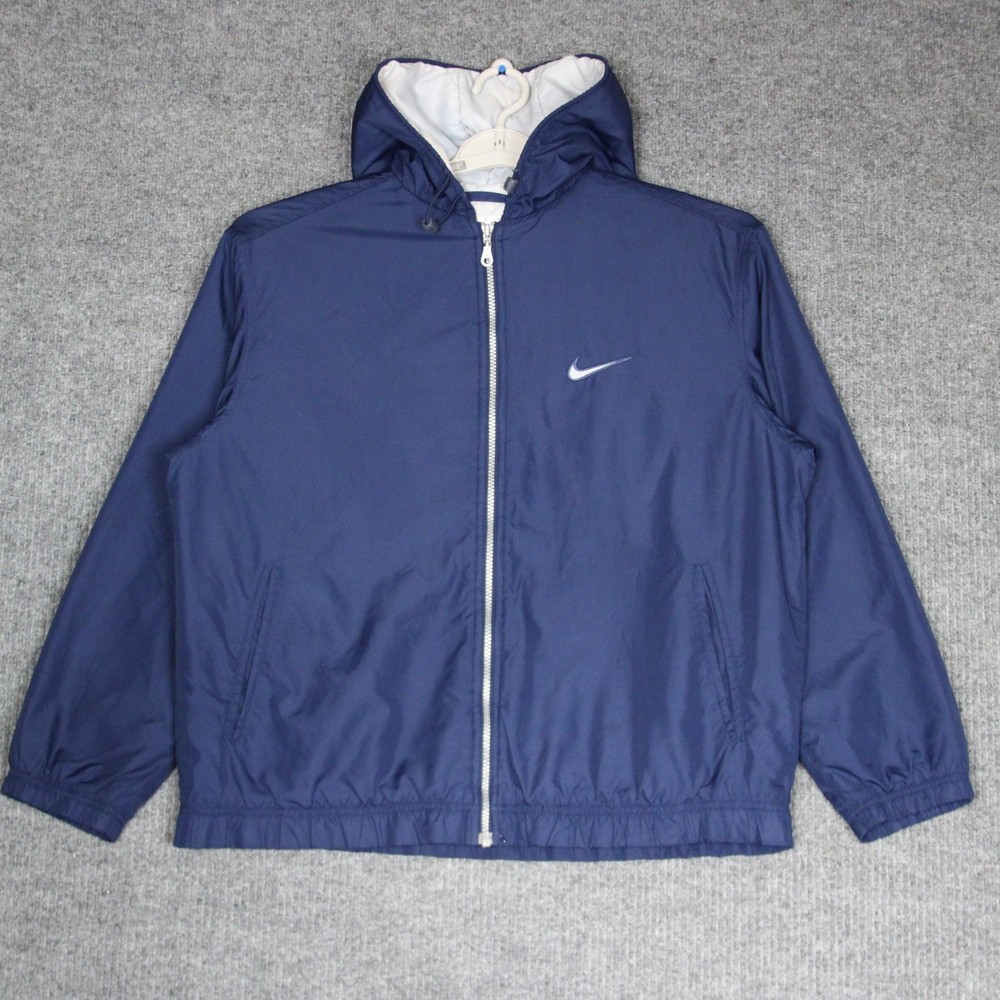 Nike Womens Windbreaker Jacket Navy Blue Full Zip Hooded Swoosh Large Logo