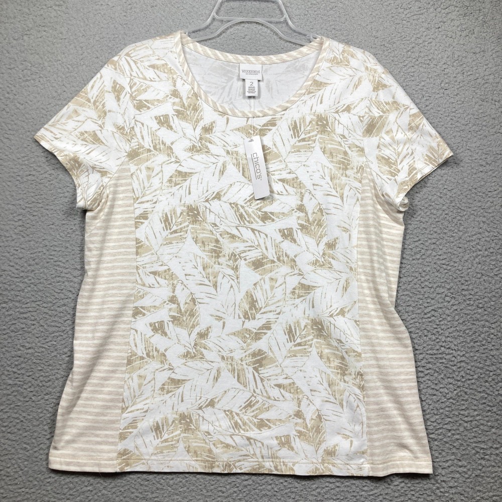 Chico's Weekends Modern Palm T Shirt Top Womens 2 Large Peyote Tan White Scoop