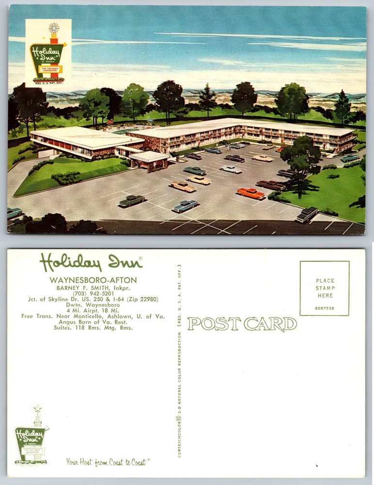 Holiday Inn Waynesboro-Afton VA Postcard 1960s Curteichcolor Motel Cars