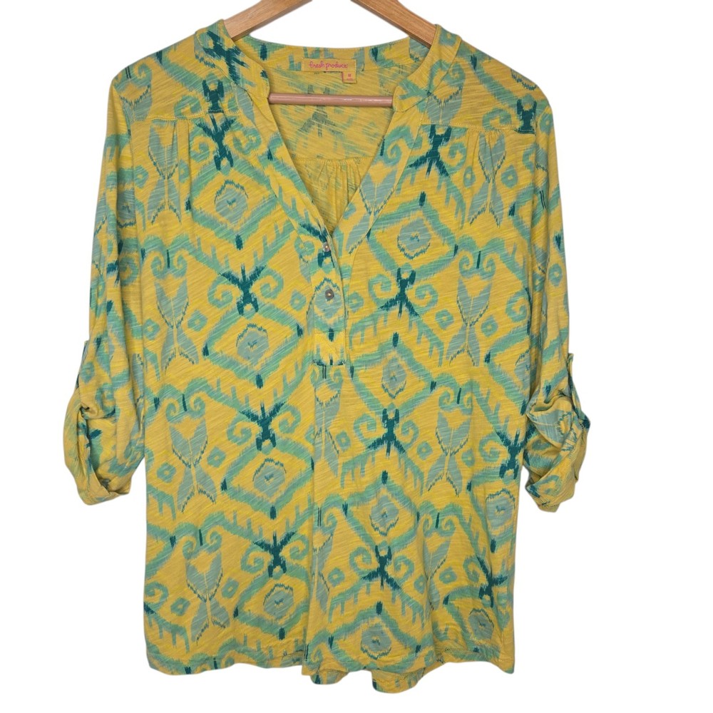 Fresh Produce Womens Cotton Ikat Print V Neck Button Roll Tab Sleeve Top Medium