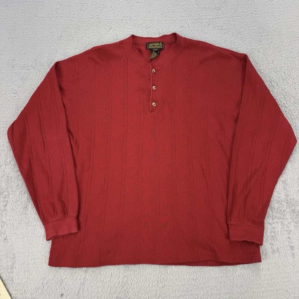 Vintage Eddie Bauer Sweater Mens Large Red Henley Knit Pullover Cotton USA