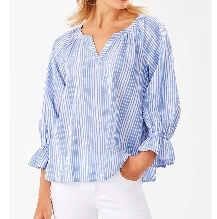 NWOT Tommy Bahama Montuak Striped 3/4 Sleeve Top Blouse Blue/White Stripe Size M