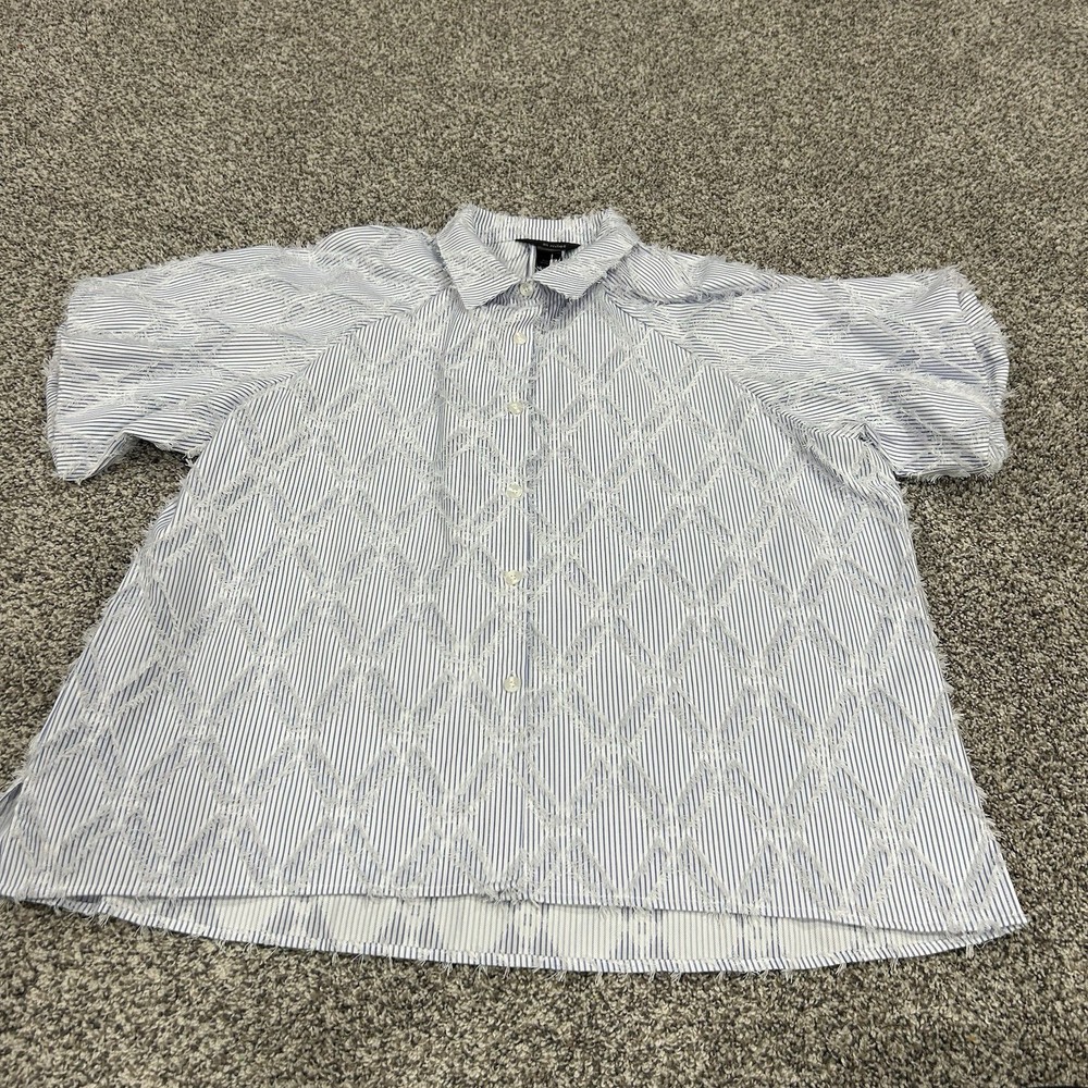 Ali Miles Tunic plus Blue White texture Button Up 1X lagenlook Pinstripe