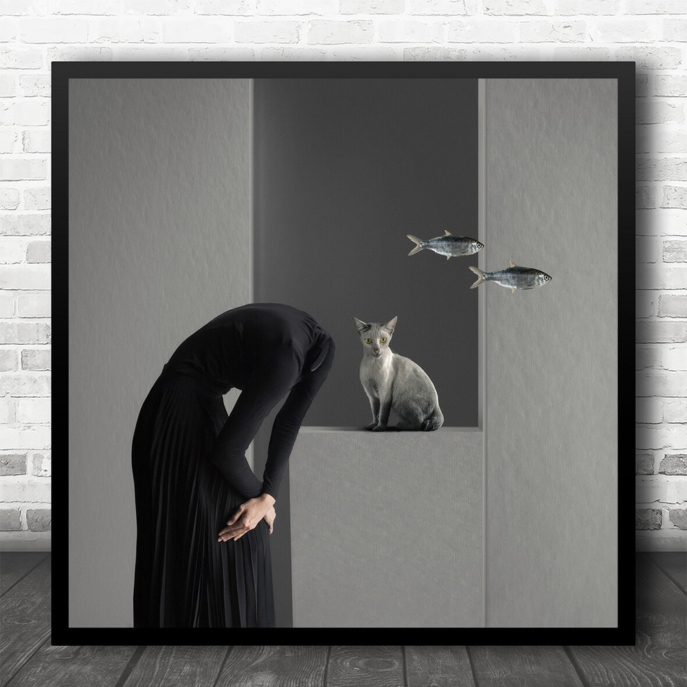Conceptual Abstract Fish Cat Black Dress Square Wall Art Print