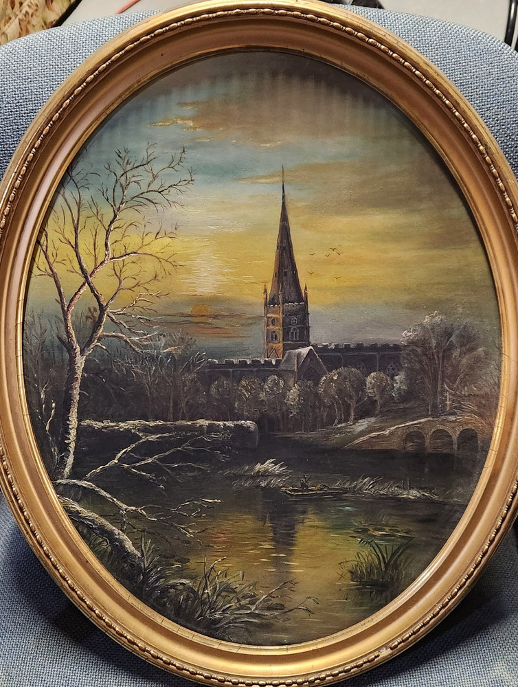 Framed Oil Painting Landscape Church River Realism Sunset on Canvas Original
