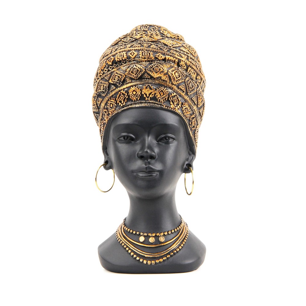 African Woman Bust Statue Home Decor Figurine Resin Gold Black 3.7x3.3x6.7in