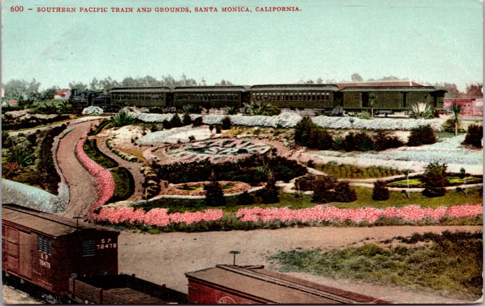 Postcard Southern Pacific Railroad Train and Grounds in Santa Monica, California