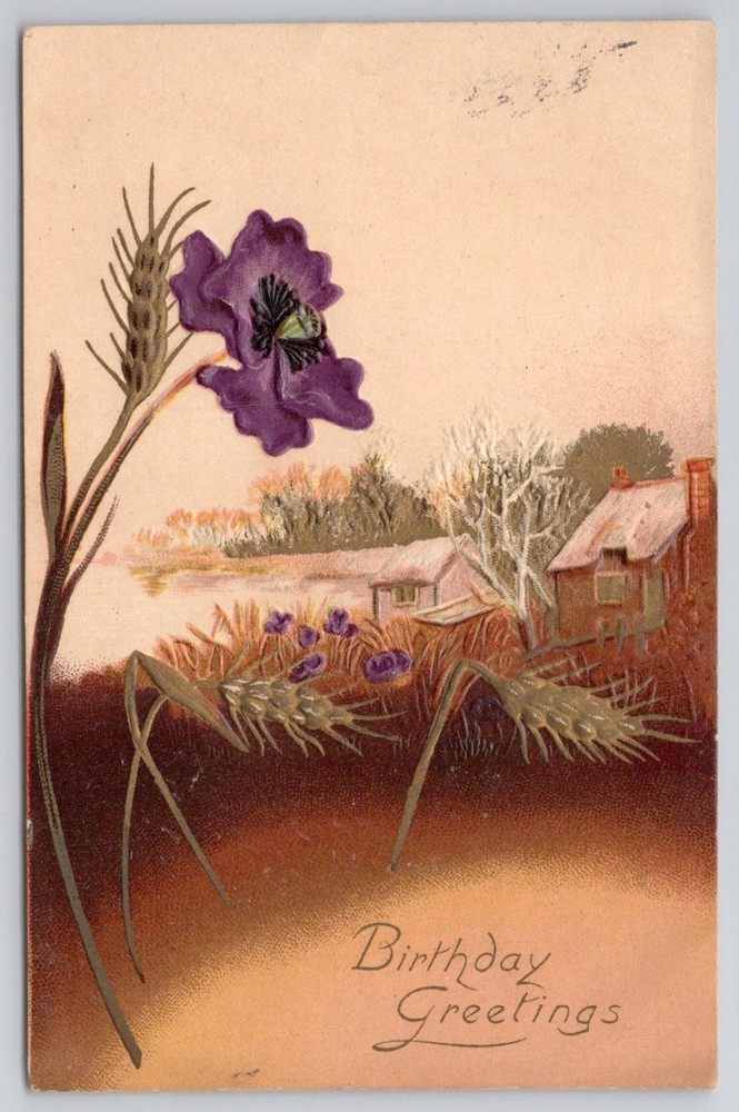Vintage Embossed Birthday Greetings Postcard Purple Flower Berwick IL 1900s